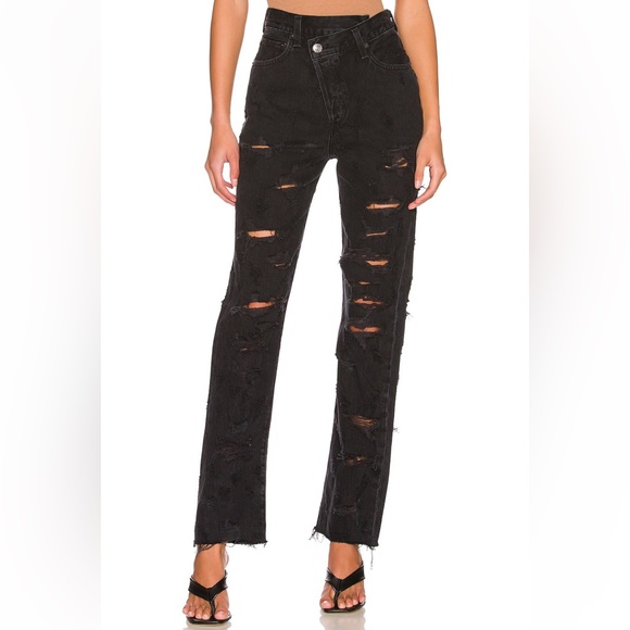 Agolde Denim - AGOLDE Criss Cross Jeans Black Distressed Denim Straight Leg Boot Cut High Rise